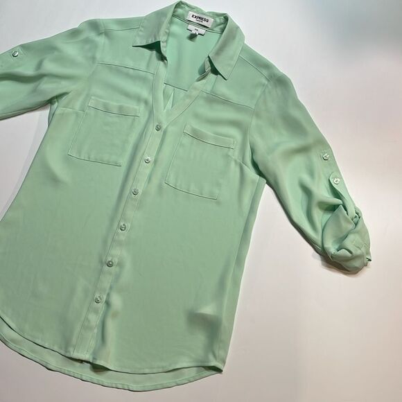 Express Womens Portofino Blouse Mint Green Button Up Long Roll Sleeve Sz XXS - Picture 3 of 6